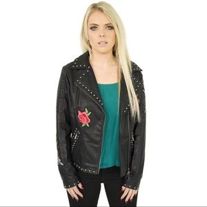 Studded Black Faux Leather Moto Jacket with Rose Embroidery